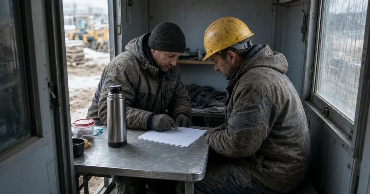 Двое рабочих в обед читают трудовой договор в строительной бытовке