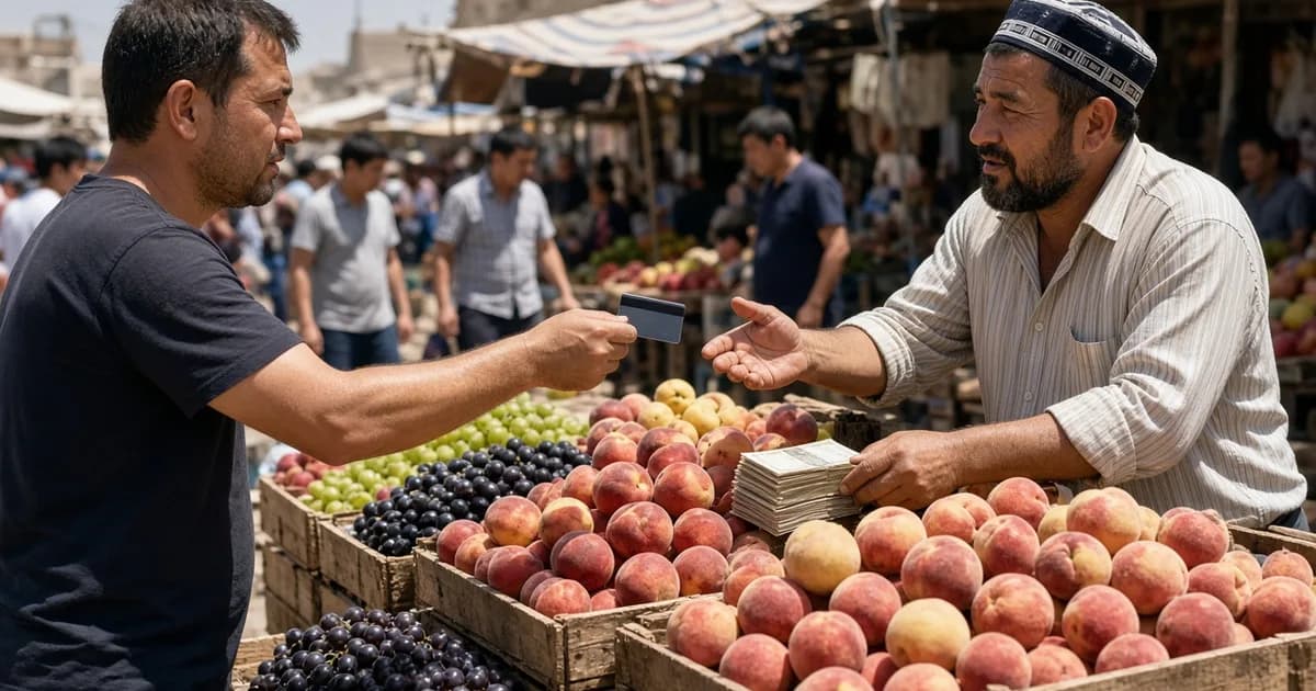 На дневном базаре продавец показывает на наличные, покупатель держит карту