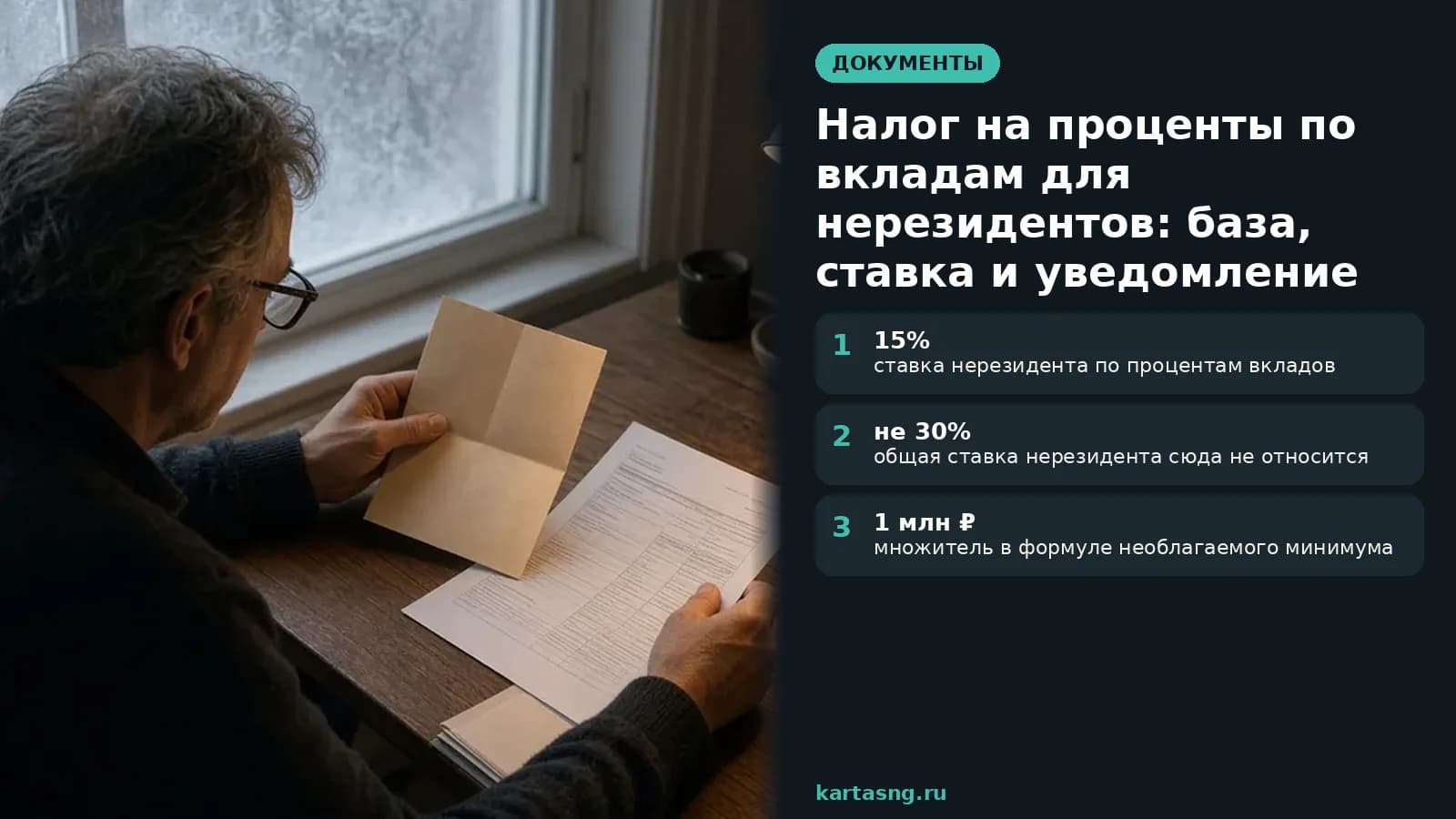 Мужчина зимним утром у окна сверяет налоговое уведомление с банковской выпиской