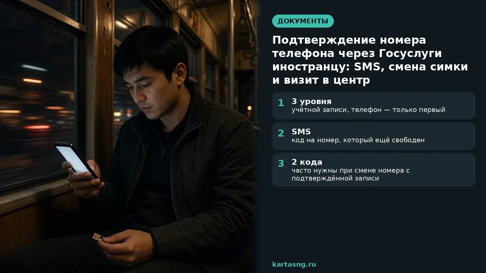 Пассажир вечернего трамвая сверяет сообщение на смартфоне с сим-картой