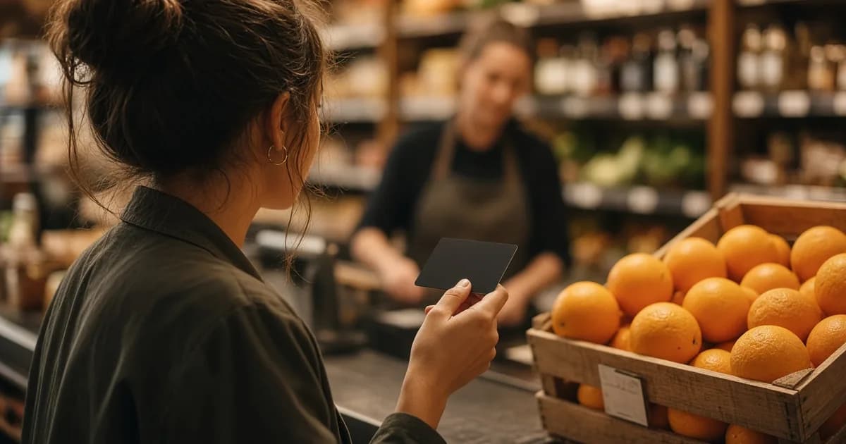 День в продуктовом магазине: женщина у кассы держит тёмную карту и смотрит цену апельсинов