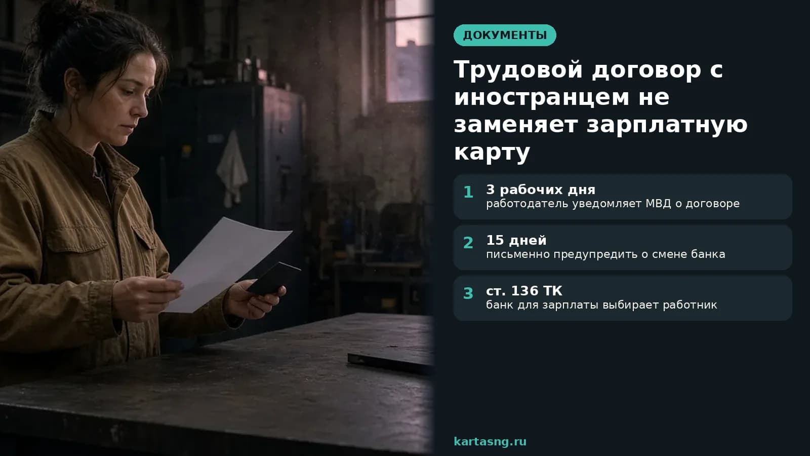 На рассвете в мастерской женщина сверяет трудовой договор и банковскую карту