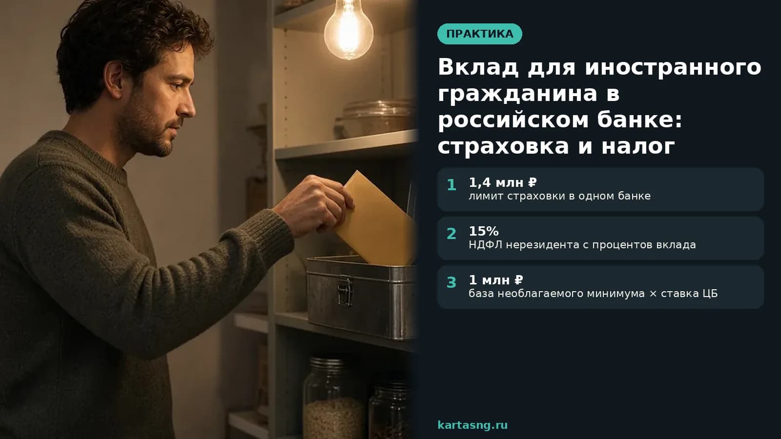 Кладовка вечером: мужчина кладёт конверт в металлическую шкатулку