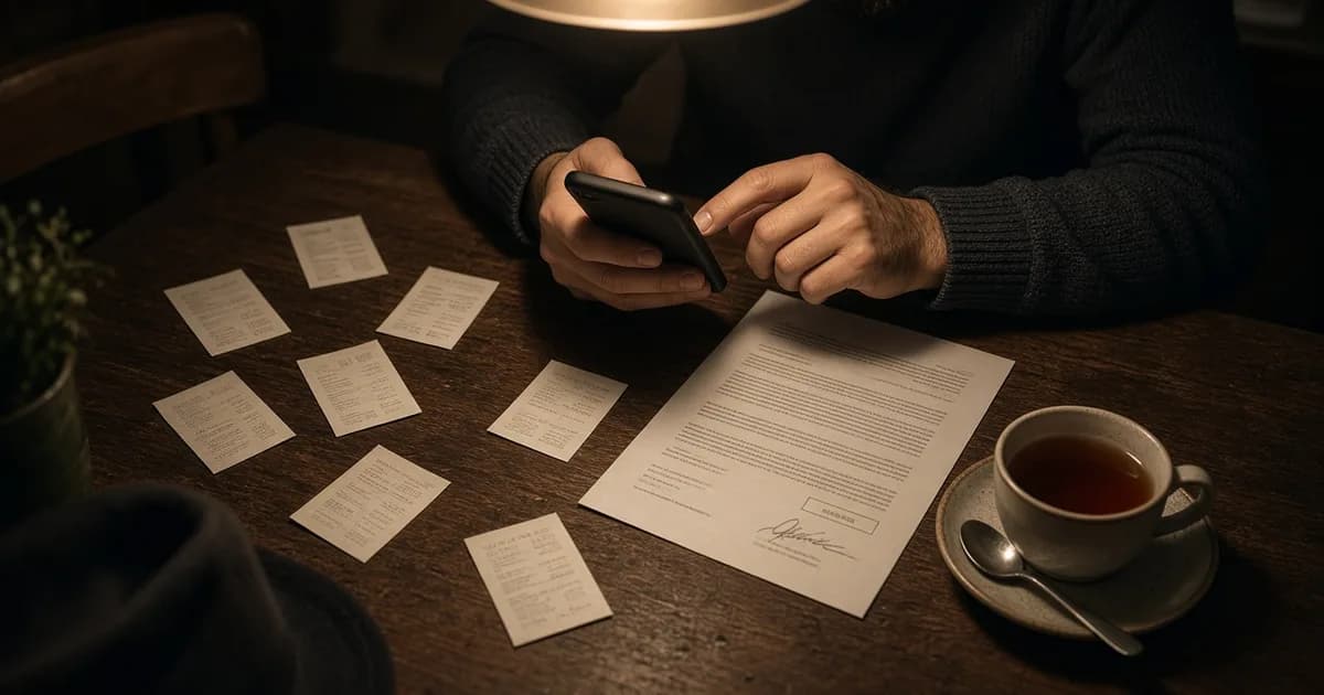 Мужчина ночью на кухне разбирает документы и смотрит в смартфон после блокировки карты