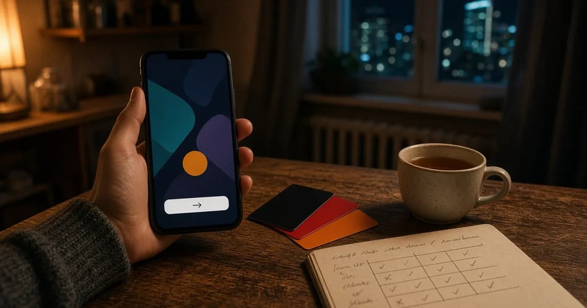 Смартфон с переводом и три дебетовые карты на кухонном столе вечером