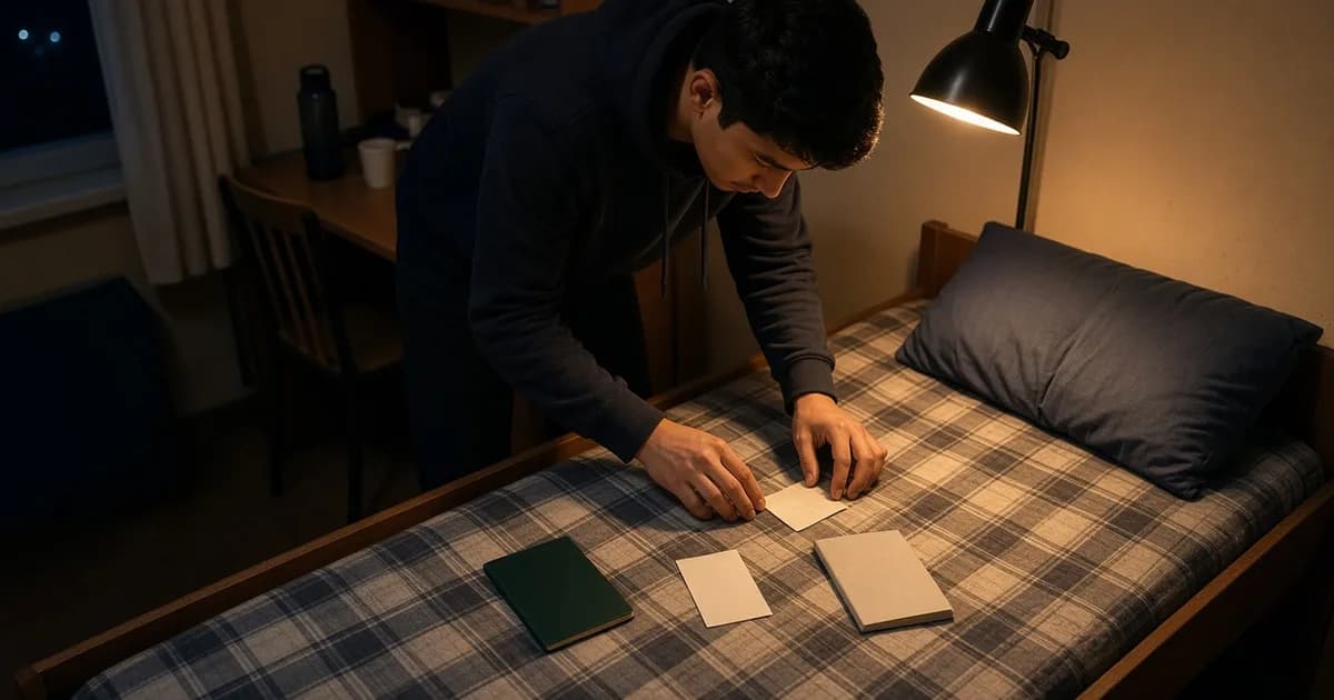 Молодой человек вечером раскладывает паспорт и бумаги на кровати в комнате общежития