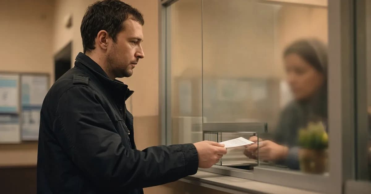 Мужчина ранним утром оплачивает квитанцию у окошка почтового отделения