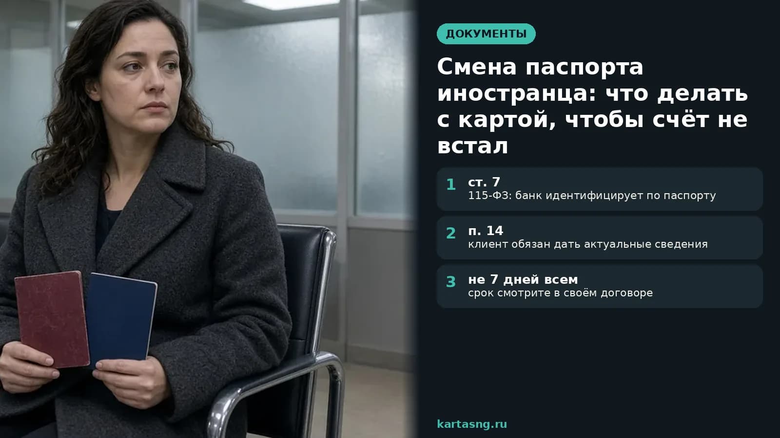 Женщина в зале консульства днём держит старый и новый закрытые паспорта