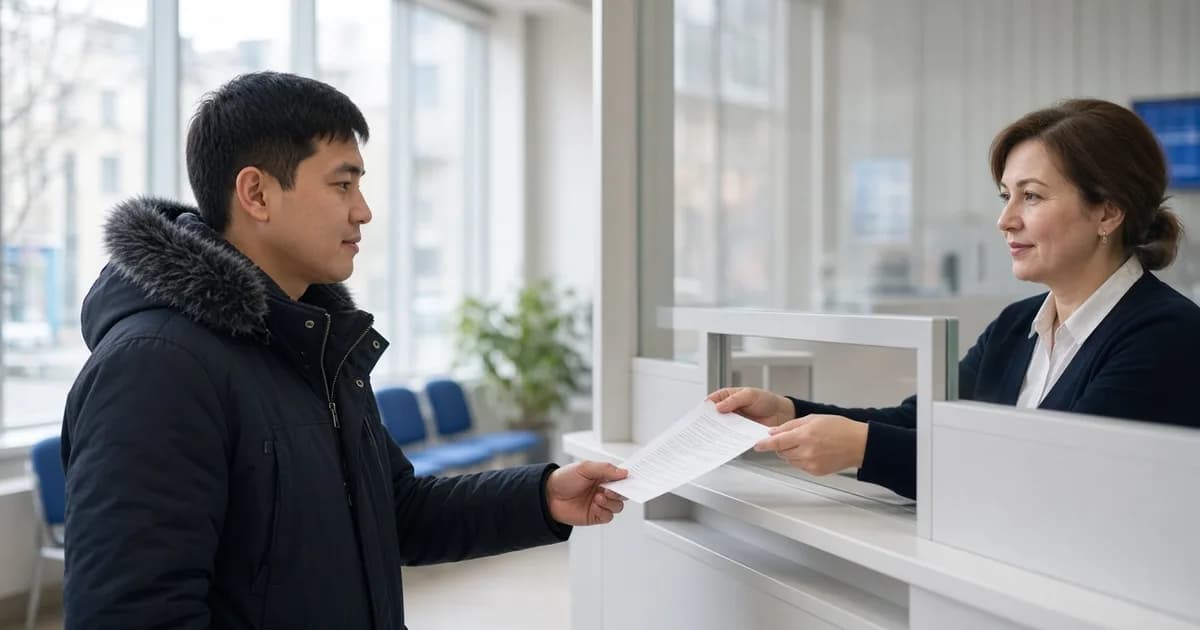 Иностранец получает распечатанное уведомление со СНИЛС у окна клиентской службы