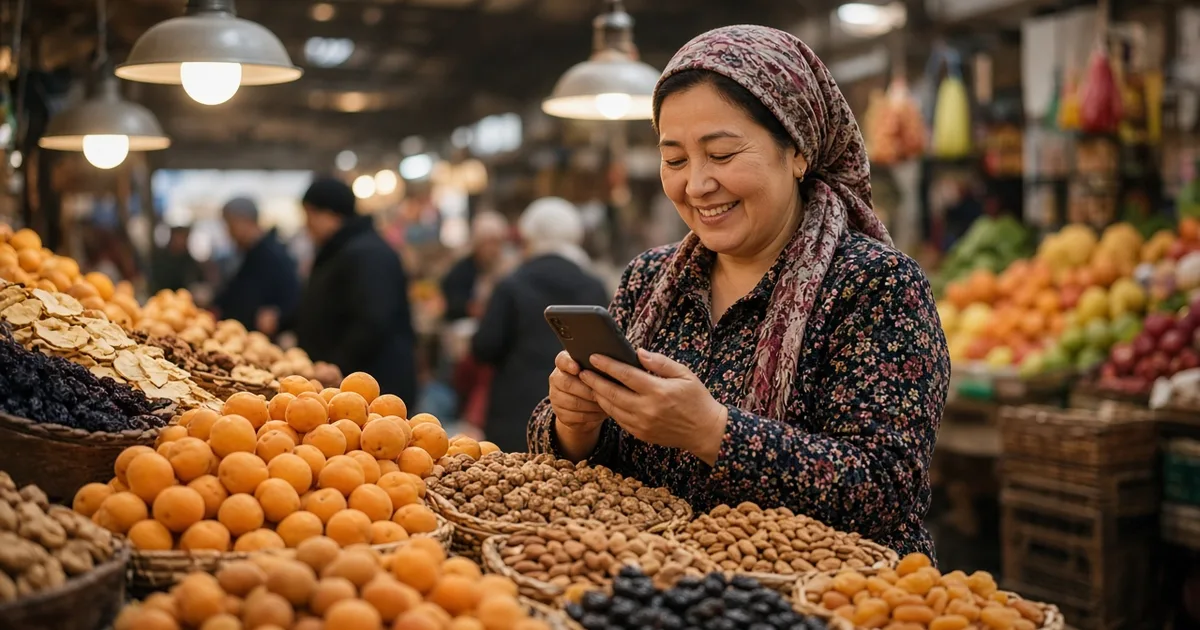 Мужчина отправляет перевод семье в Кыргызстан со смартфона на стройплощадке