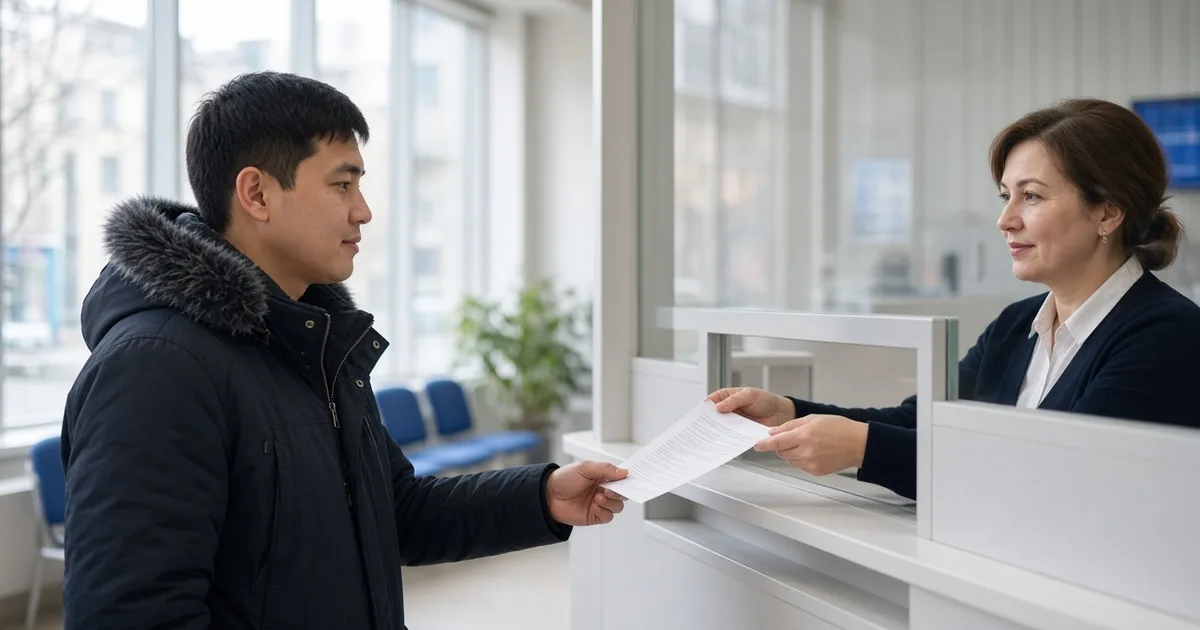Иностранец получает распечатанное уведомление со СНИЛС у окна клиентской службы